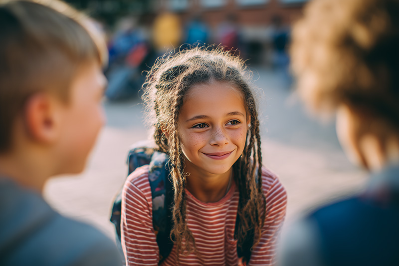 Smiling child with a backpack talking with other kids at recess.
