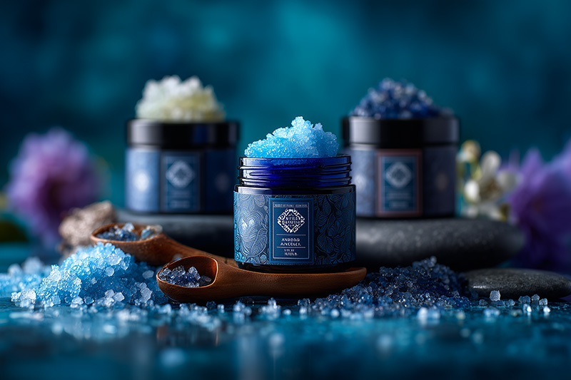 Blue handcrafted bath salts in a glass jar, spa and wellness atmosphere.